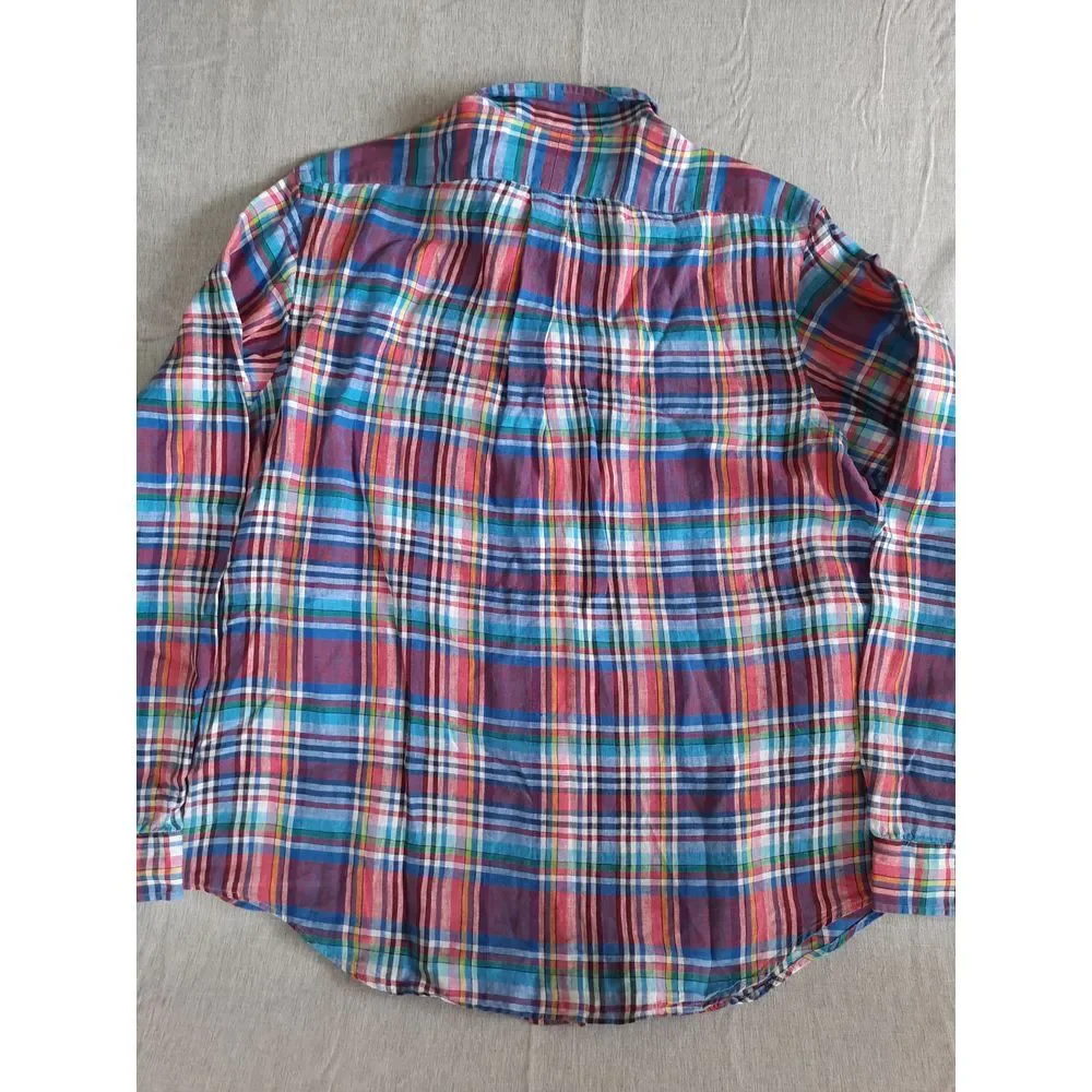Polo Ralph Lauren Men XL Custom Fit Plaid Western Linen Button Shirt LongSleeve‎